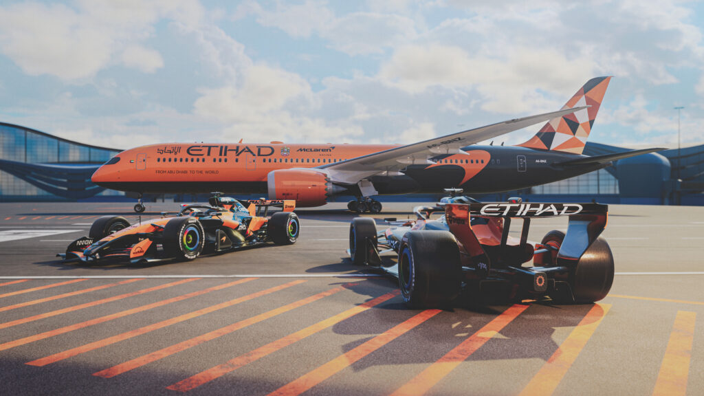 Etihad aircraft and McLaren F1 race car together during strategic sponsorship announcement covered in Airline News.