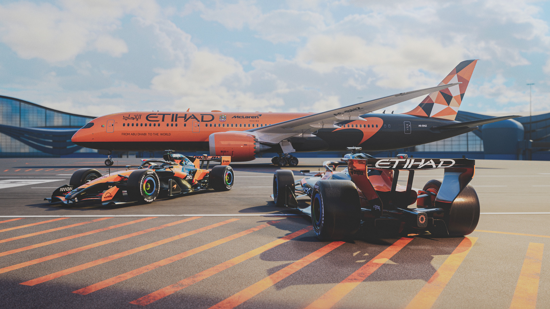 Etihad aircraft and McLaren F1 race car together during strategic sponsorship announcement covered in Airline News.