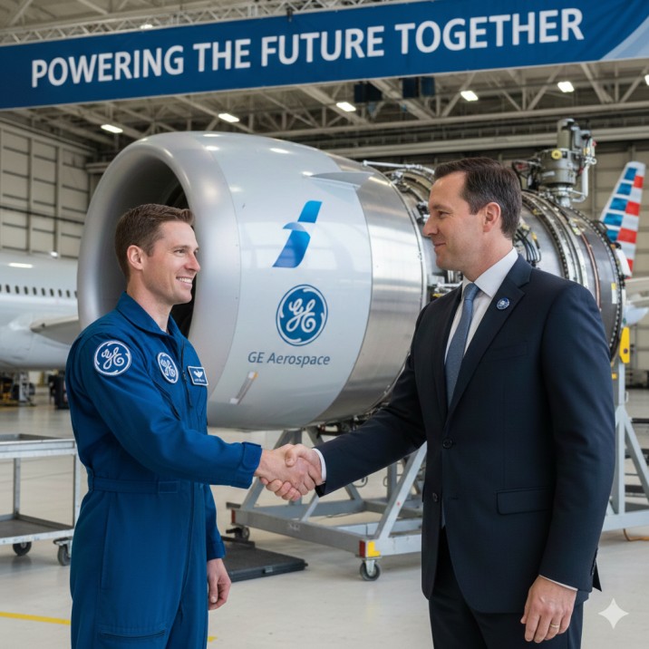Two executives shake hands in an aircraft hangar in front of a large GE Aerospace jet engine, with a banner above reading “Powering the Future Together.