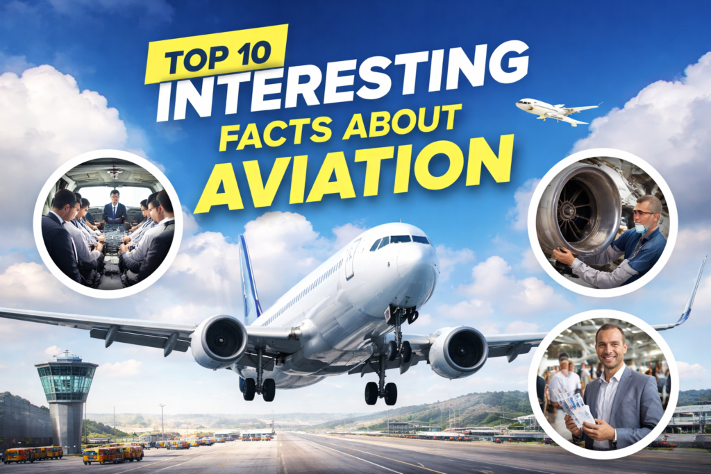 Top 10 interesting facts about aviation with commercial airplane flying over airport runway and aviation industry scenes