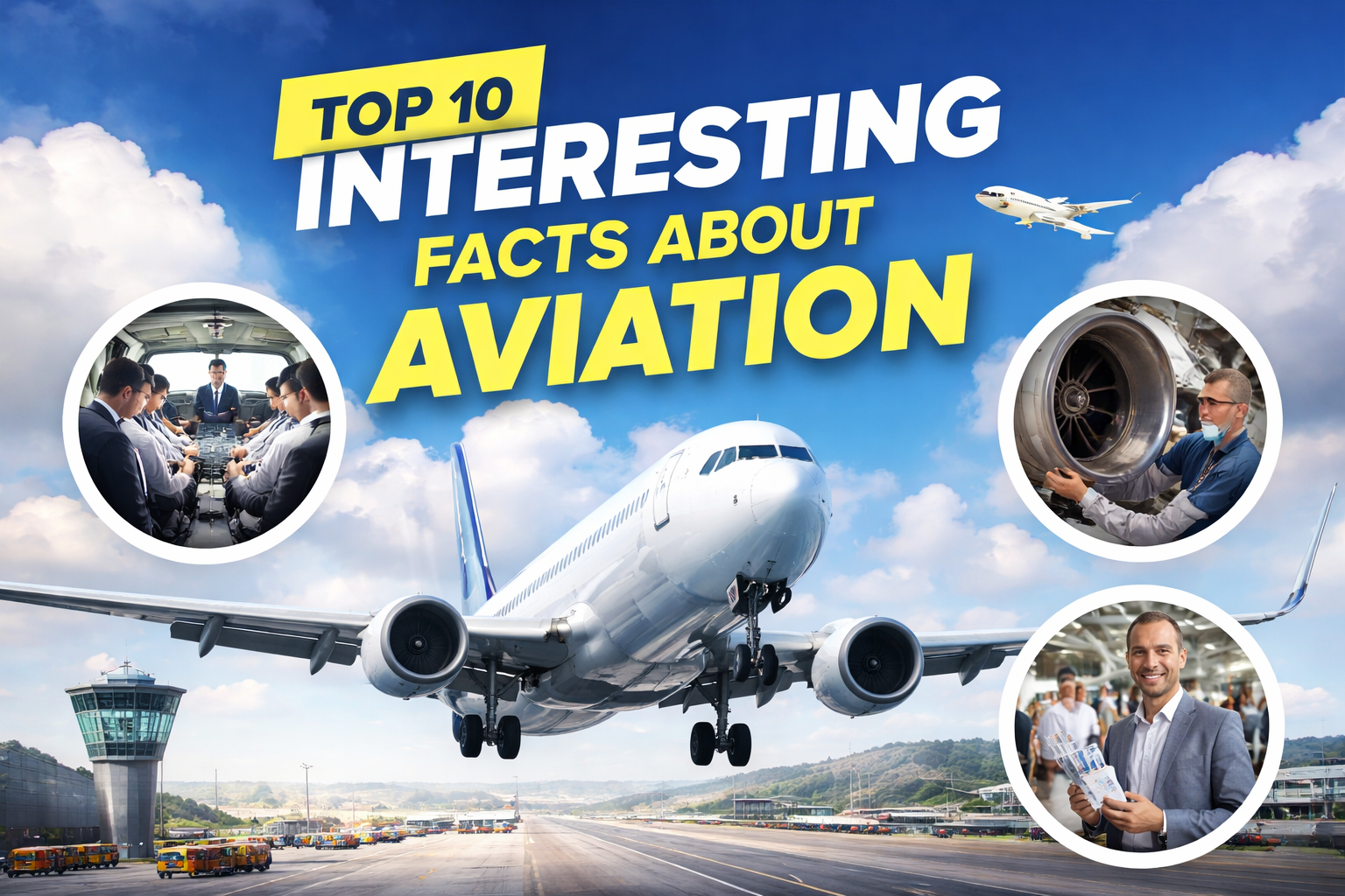 Top 10 interesting facts about aviation with commercial airplane flying over airport runway and aviation industry scenes